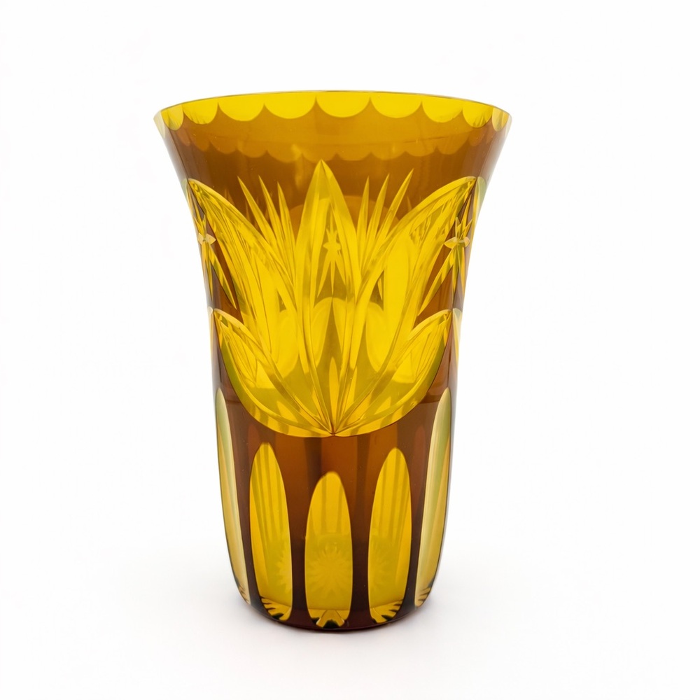 Bohemian Czech Cut to Clear Vase Amber and Canary Yellow Tulip 7” Sharp Cut